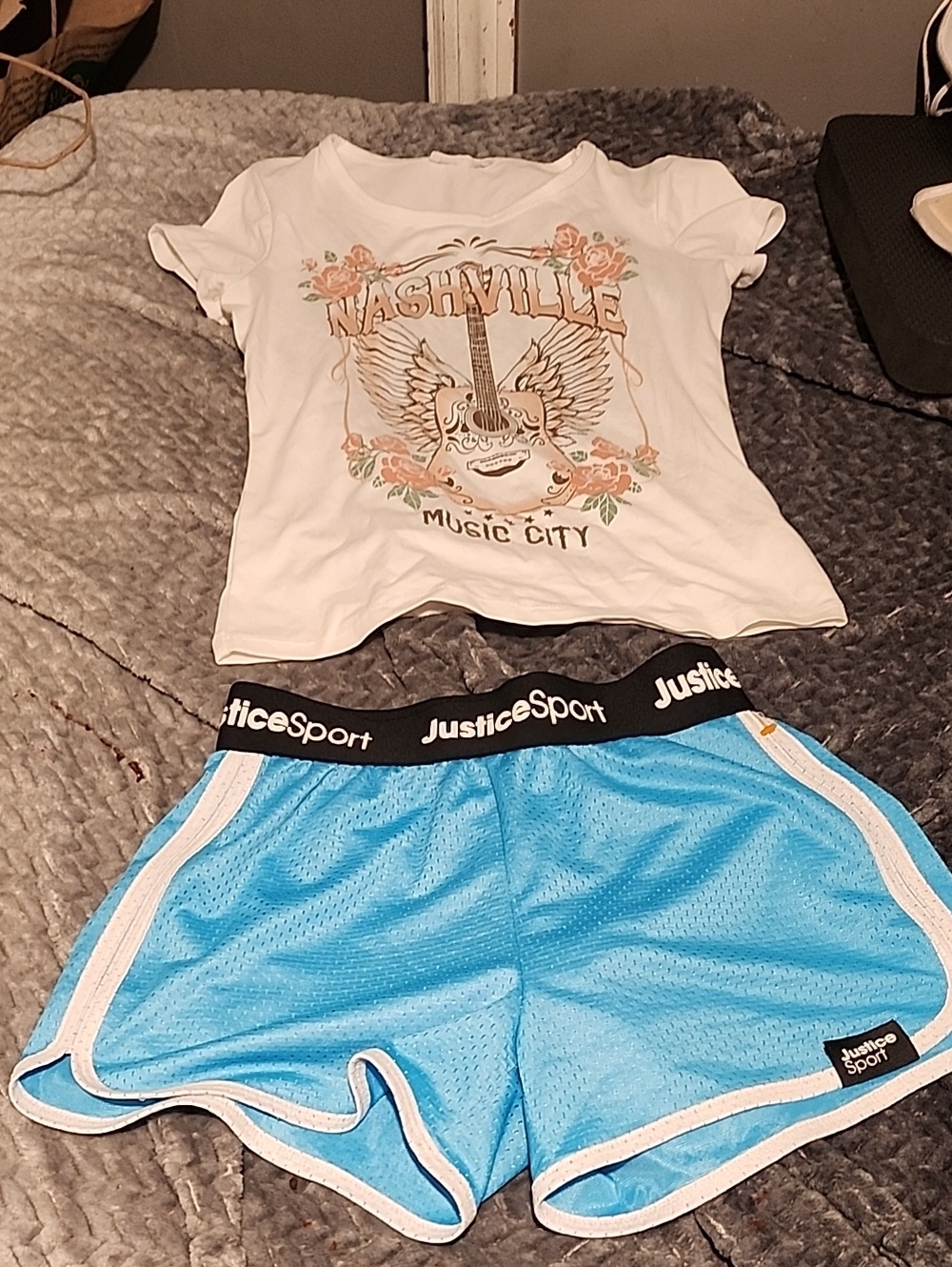 Beautees White Nashville Graphic Tee & Blue JusticeSport Mesh Shorts Set